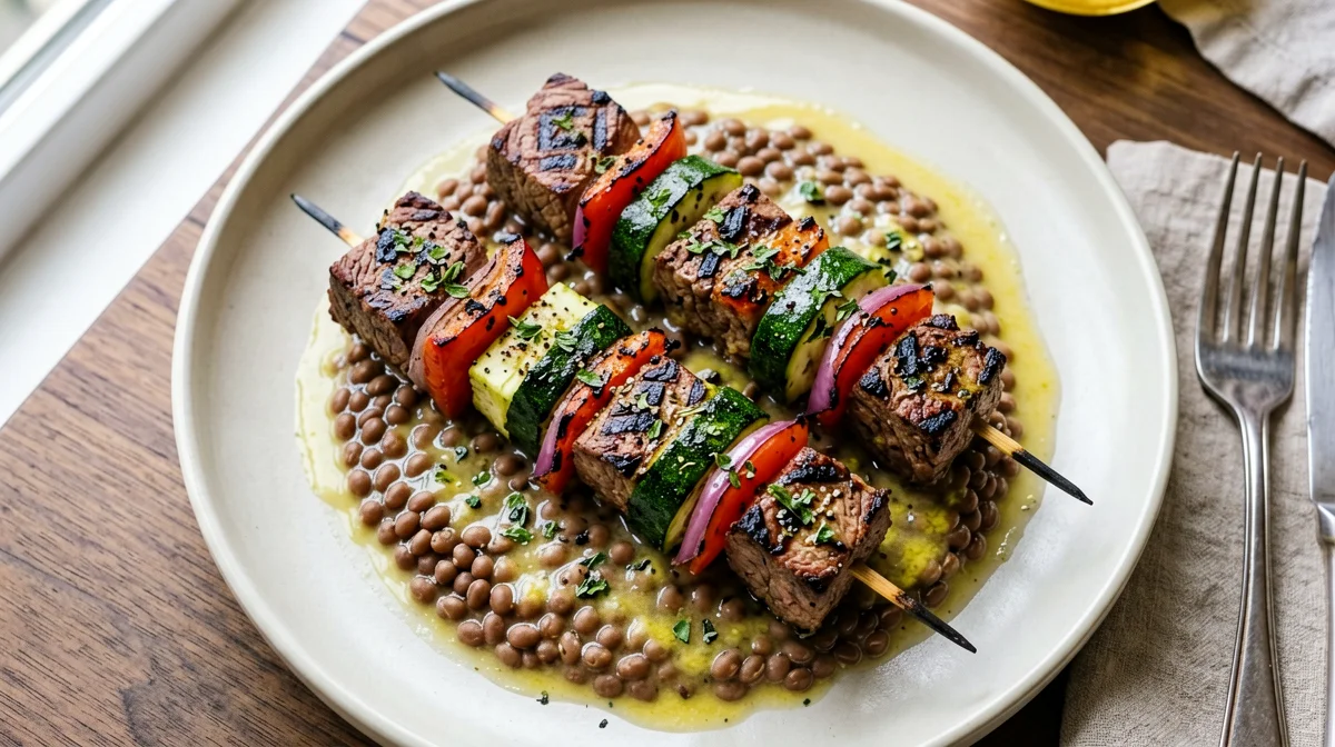 Seitan and vegetable skewers with lemony lentils