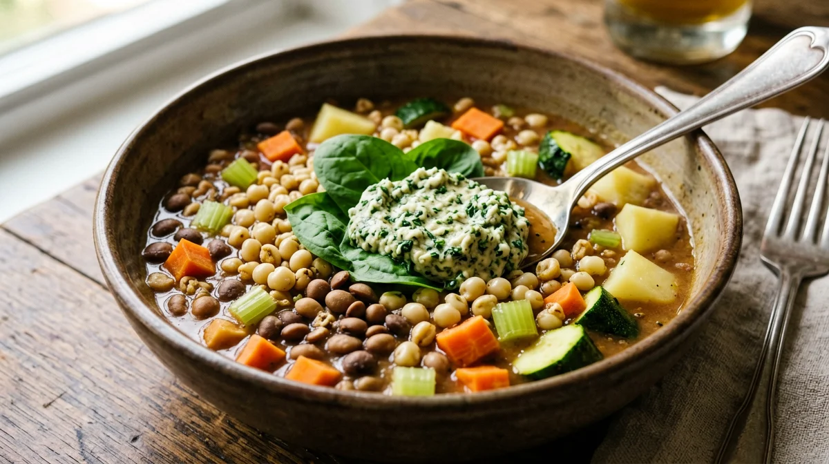 Minestrone di legumi e orzo con pesto di rucola