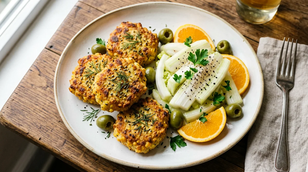 Panelle al forno con insalata di finocchi e olive