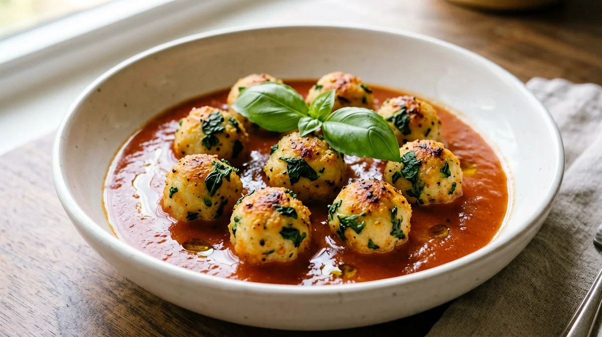 Baked chickpea and spinach balls in tomato sauce