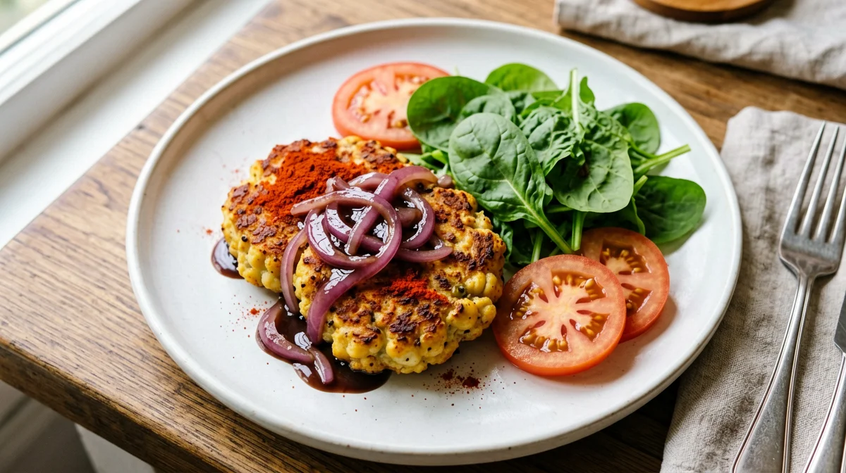 Burger di ceci e tofu con cipolla stufata e rucola