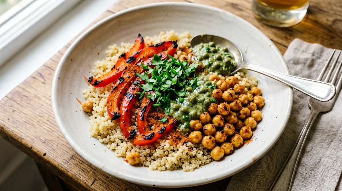Crispy chickpeas with quinoa, roast peppers and salsa verde