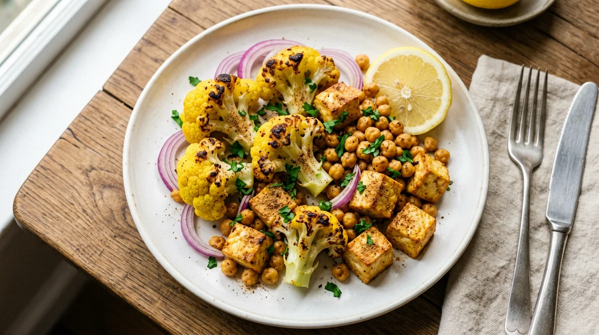 Ceci e cavolfiore al forno con curcuma e tofu