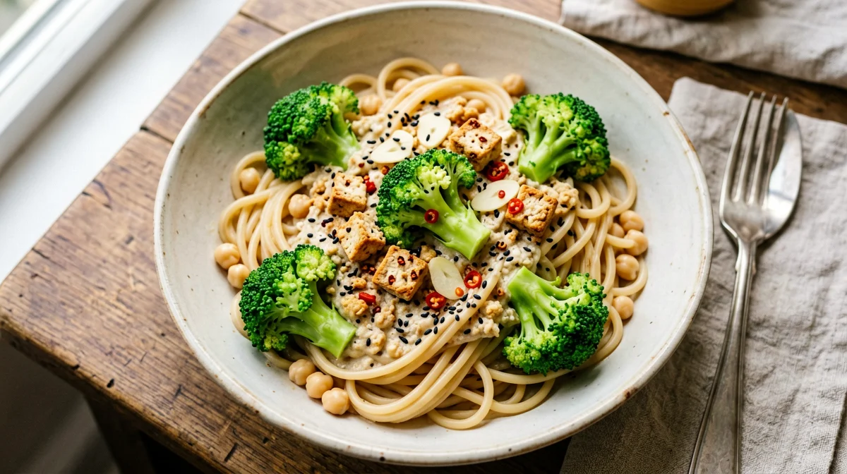 Chickpea pasta with broccoli, garlic and chilli