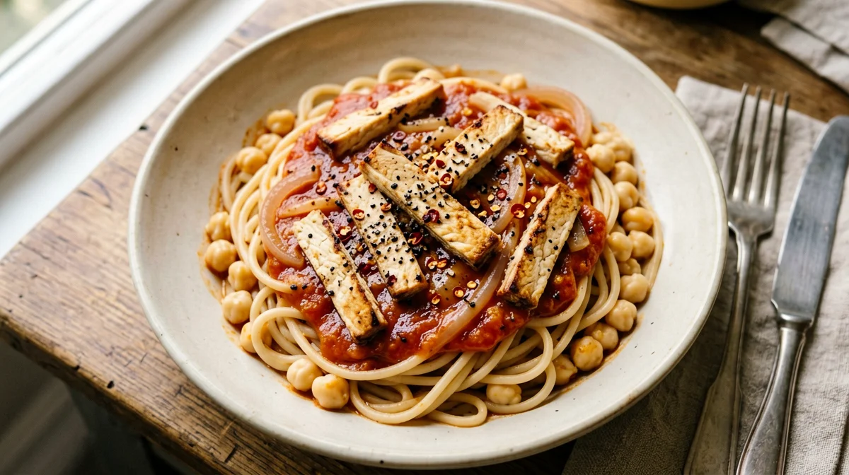 Chickpea pasta amatriciana with smoked tofu
