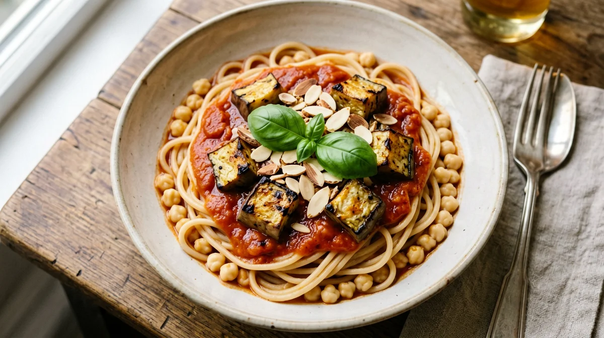 Pasta di ceci alla Norma con melanzane e mandorle
