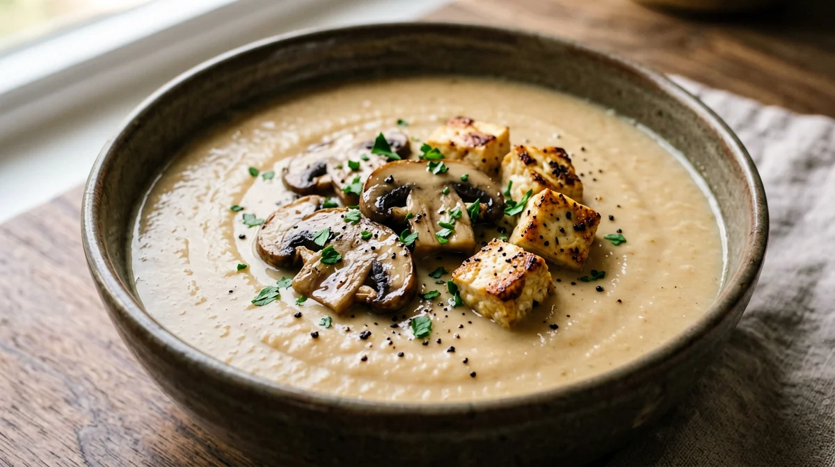 Chickpea soup with sautéed mushrooms and tofu