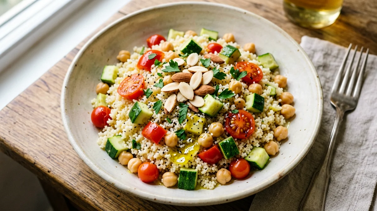 Trapani-style couscous with chickpeas, vegetables and almonds