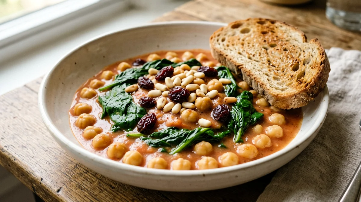 Stewed chickpeas with spinach, raisins and pine nuts