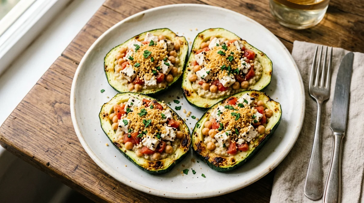 Baked zucchini stuffed with chickpeas and tofu