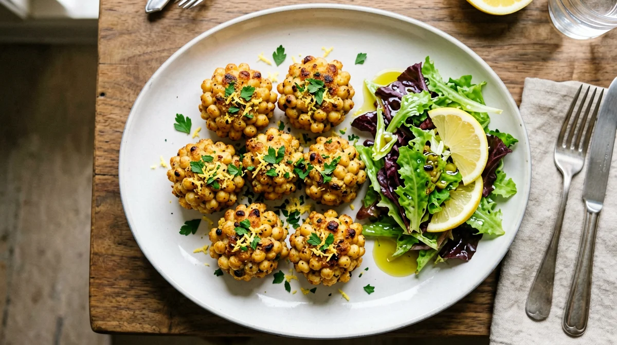 Polpette di ceci e lupini al limone con insalata