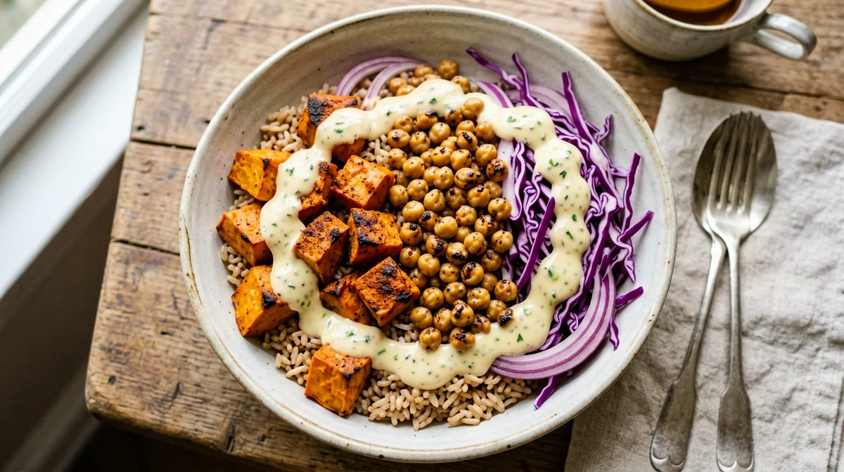 Bowl di ceci, riso integrale e verdure arrosto con tahina