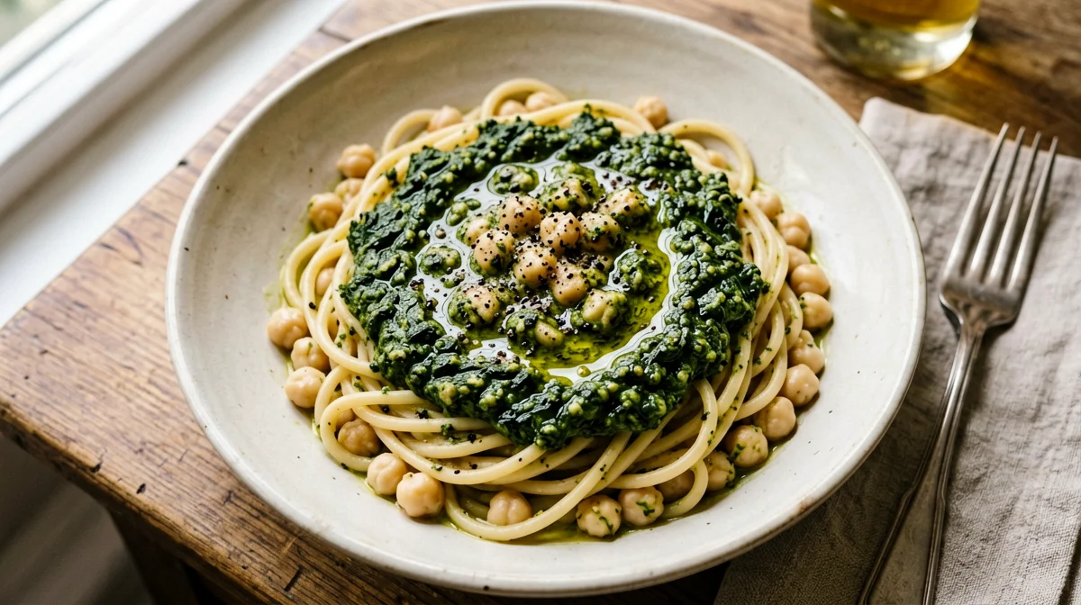 Pasta di ceci con pesto di cavolo nero e mandorle
