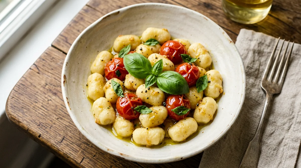 Chickpea flour gnocchi with cherry tomatoes and basil