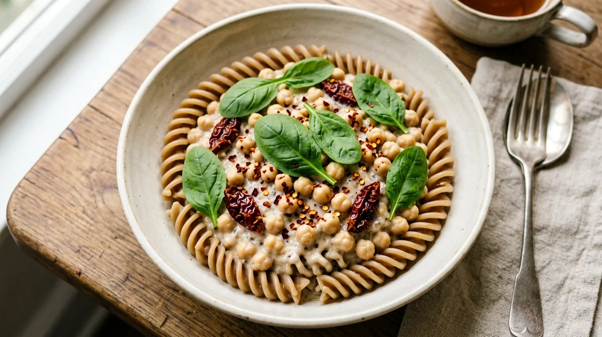 Fusilli integrali con ceci, pomodori secchi e rucola