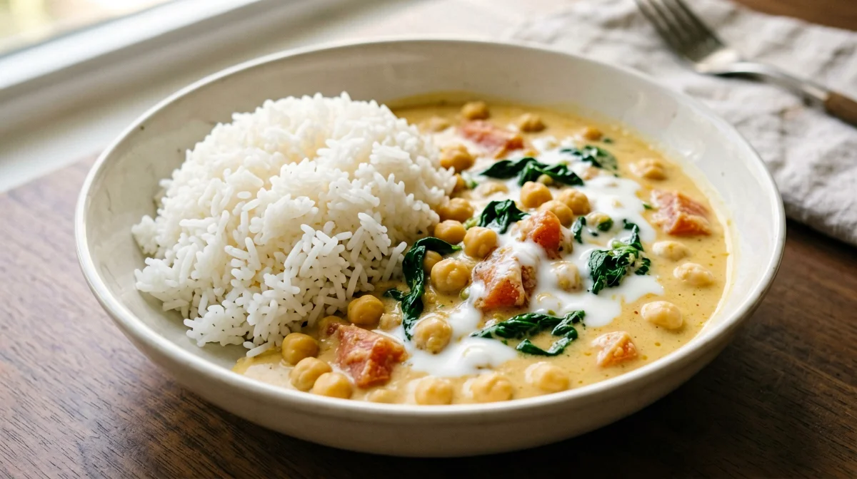Mild chickpea and spinach curry with basmati