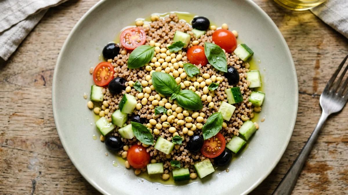 Insalata di lupini, farro, pomodorini e basilico
