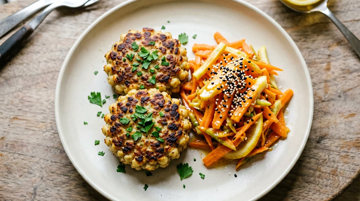 Lupin and chickpea burgers with carrot salad