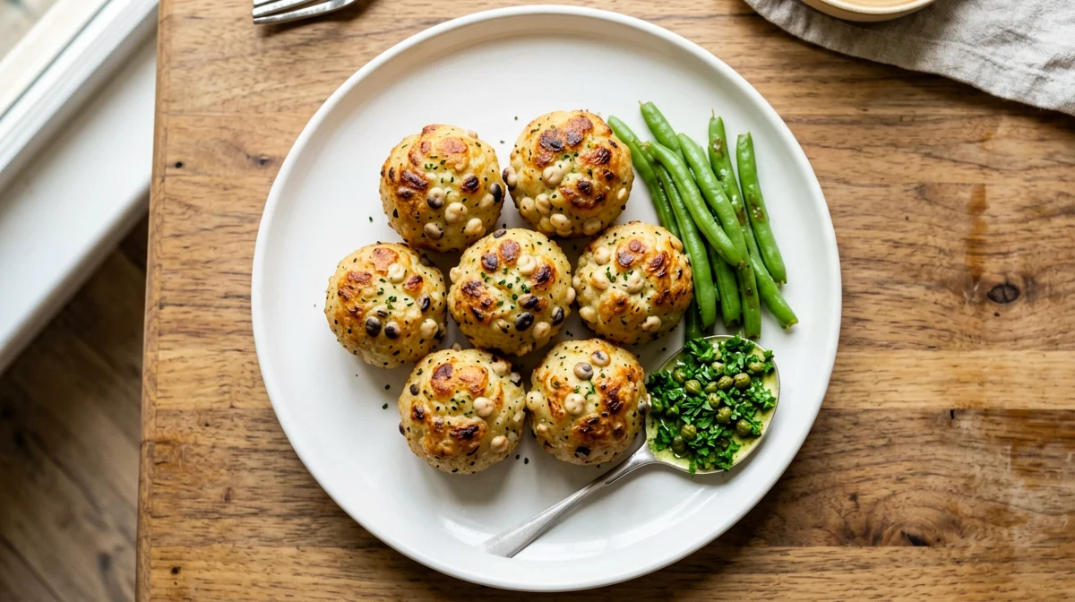 Baked lupin and potato balls with salsa verde