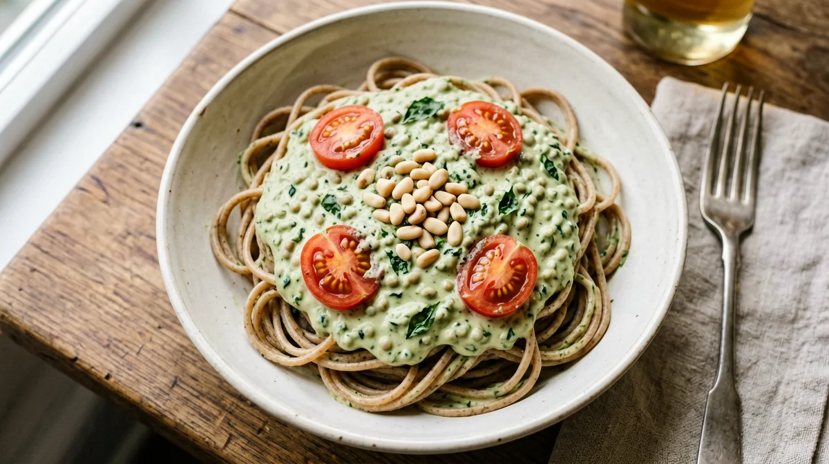 Whole wheat pasta with lupin basil pesto and cherry tomatoes
