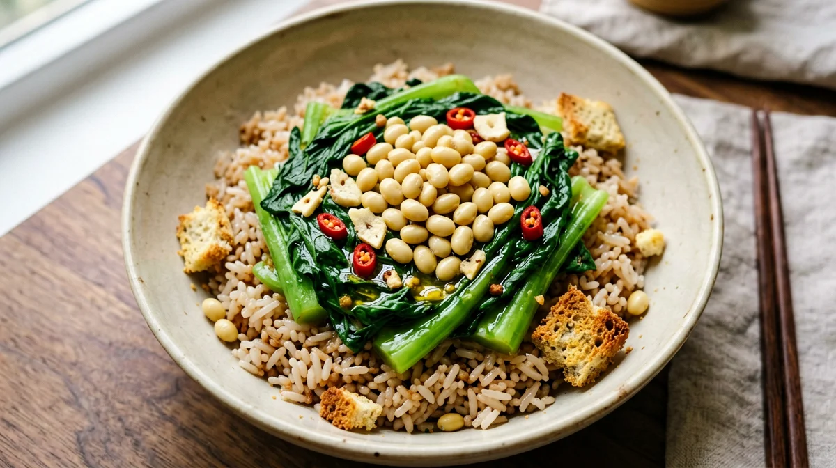 Lupins with turnip greens and brown rice