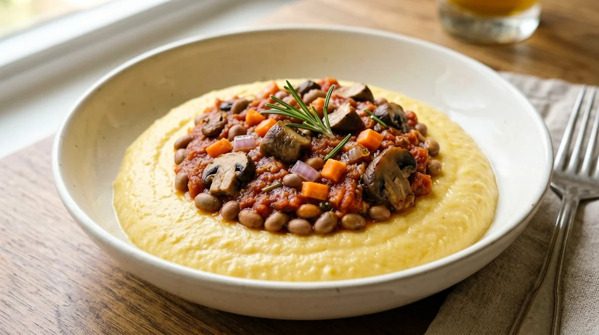 Ragù di lupini e funghi con polenta