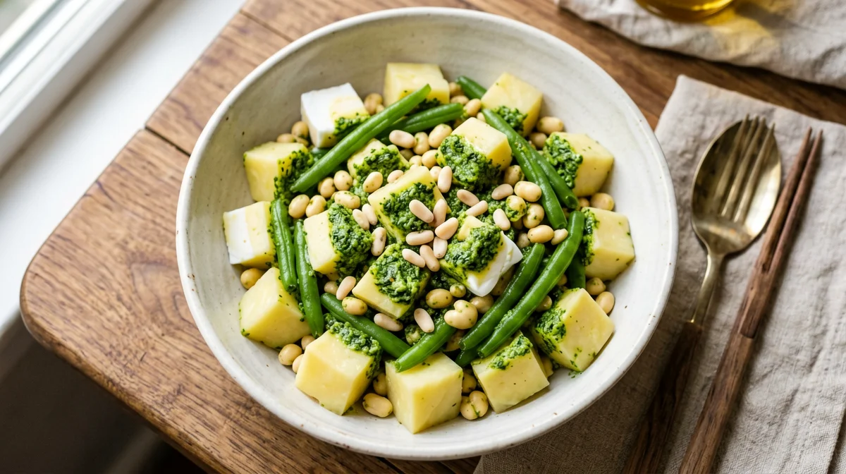 Lupini, patate e fagiolini con pesto di basilico vegano