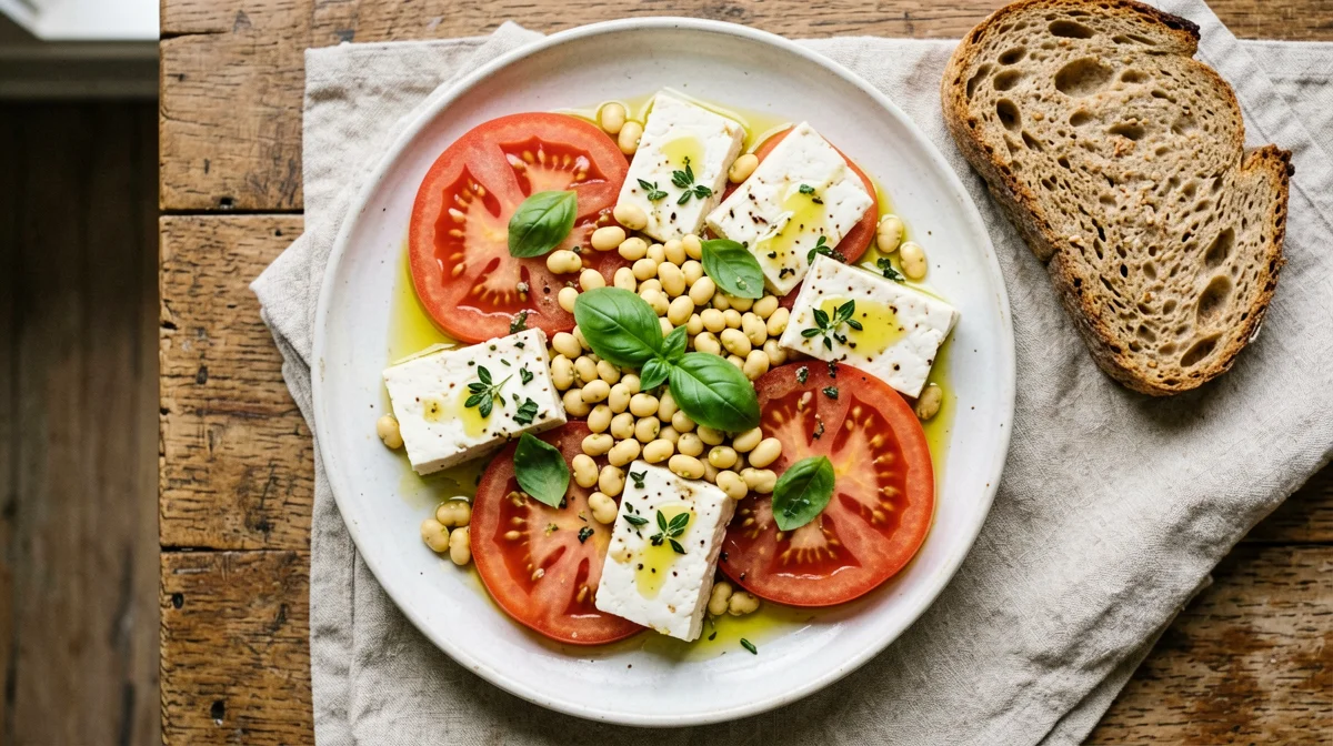 Caprese vegana di tofu, lupini e pomodori cuore di bue