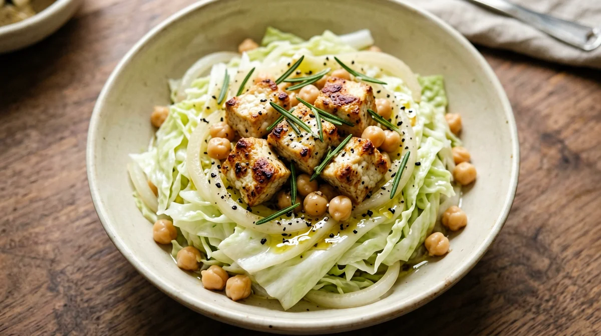 Rosemary chickpeas with braised savoy cabbage and tempeh