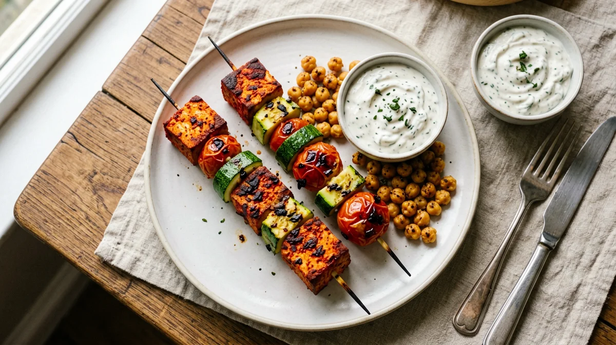 Spiedini di tofu e ceci arrosto con salsa allo yogurt di soia