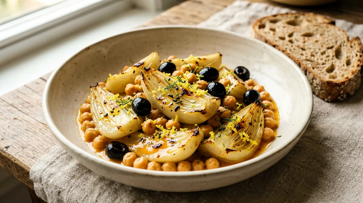 Braised chickpeas and fennel with orange and olives