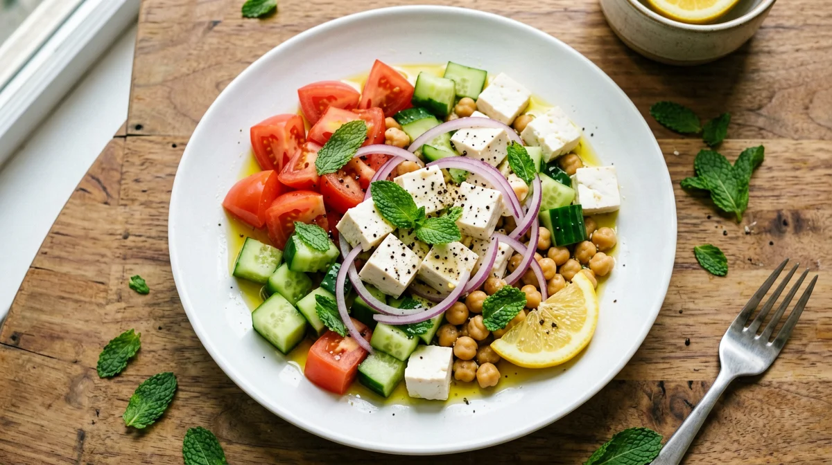 Insalata di ceci e tofu con pomodori, cetrioli e menta