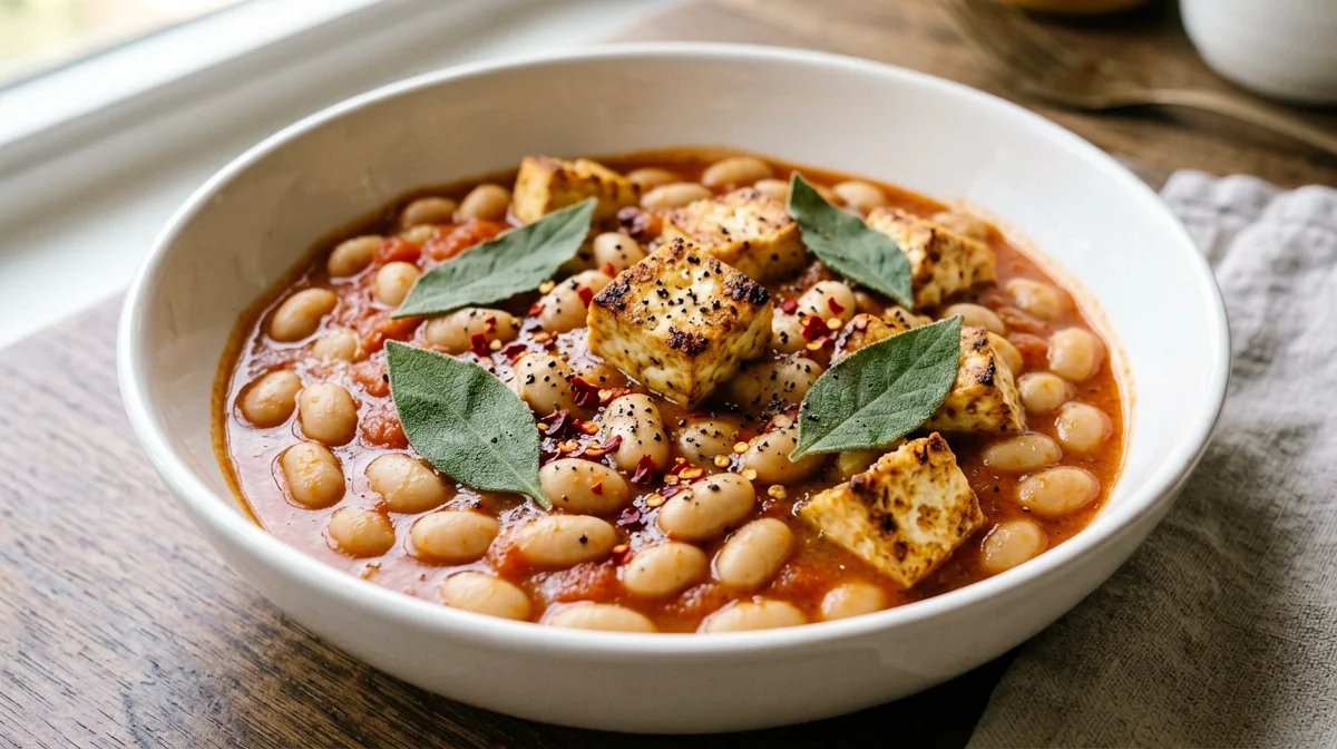 Fagioli all'uccelletto con salvia e tofu dorato
