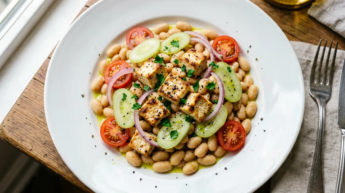 Insalata di cannellini, cipolla rossa e sedano con tofu affumicato