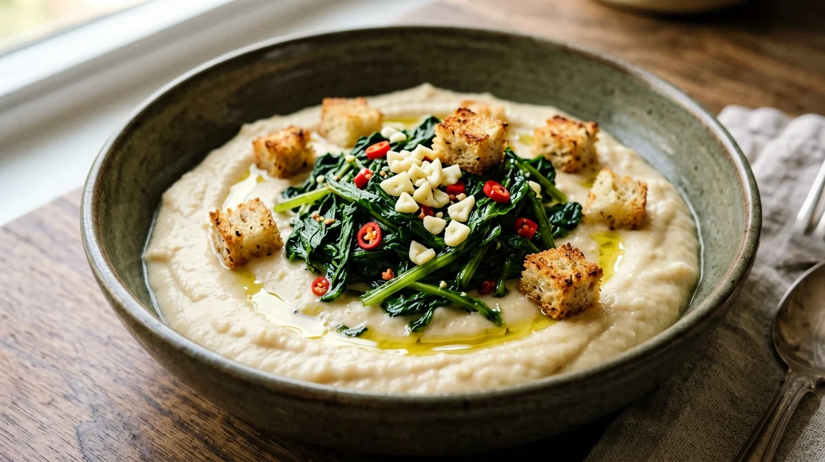 Crema di cannellini con cime di rapa e pane croccante