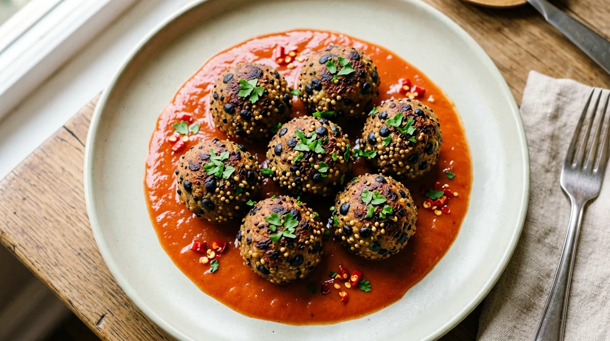 Polpette di fagioli neri e quinoa con salsa di pomodoro piccante