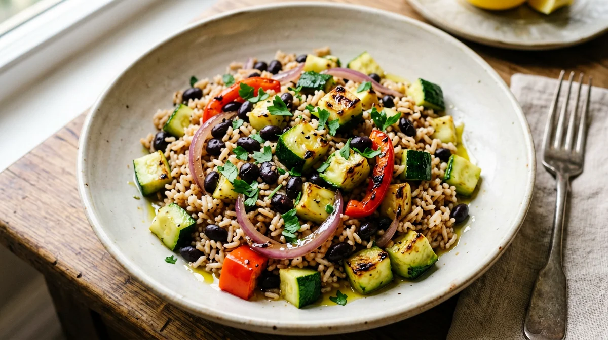 Black beans and brown rice with lemony sautéed vegetables