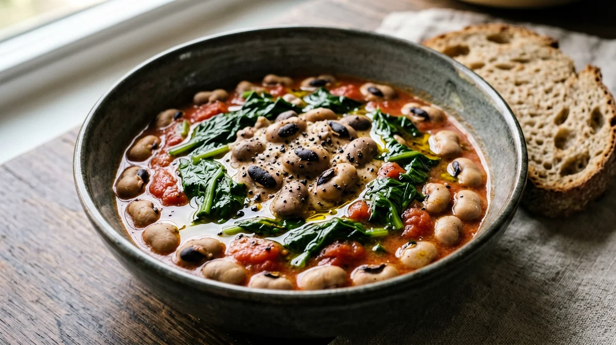 Fagioli dall'occhio con bietole e pomodoro