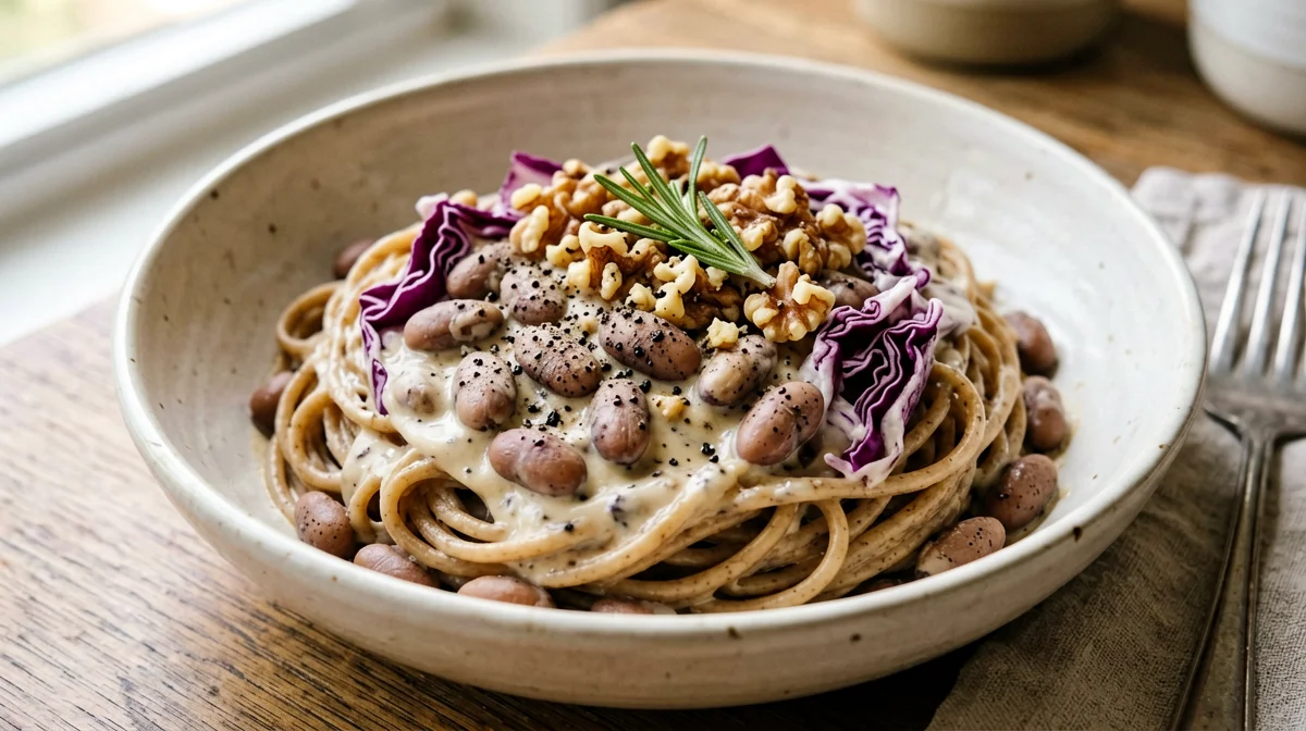 Whole wheat pasta with borlotti, radicchio and walnuts