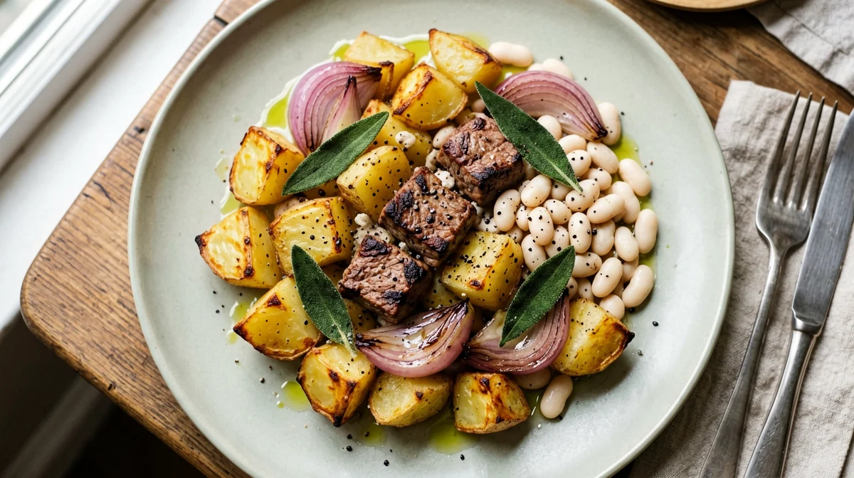 Baked beans, potatoes and seitan with sage