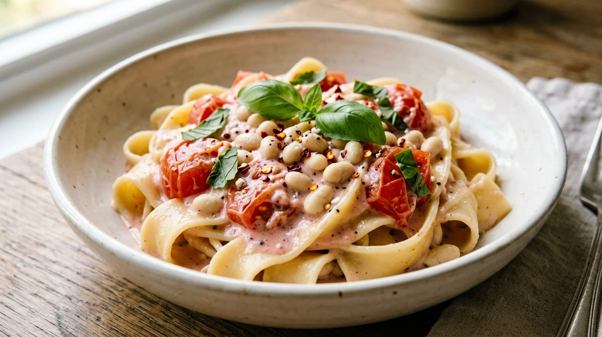 Paccheri with cannellini, cherry tomatoes and basil