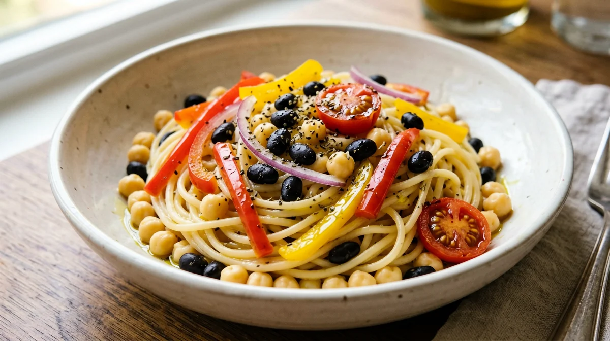 Pasta di ceci con fagioli neri, peperoni e pomodorini