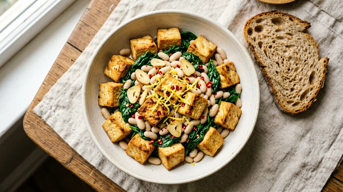 Cannellini e tofu all'aglio con spinaci