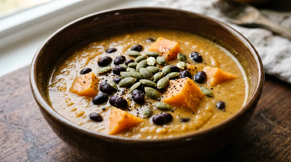 Zuppa di fagioli neri e zucca con semi tostati