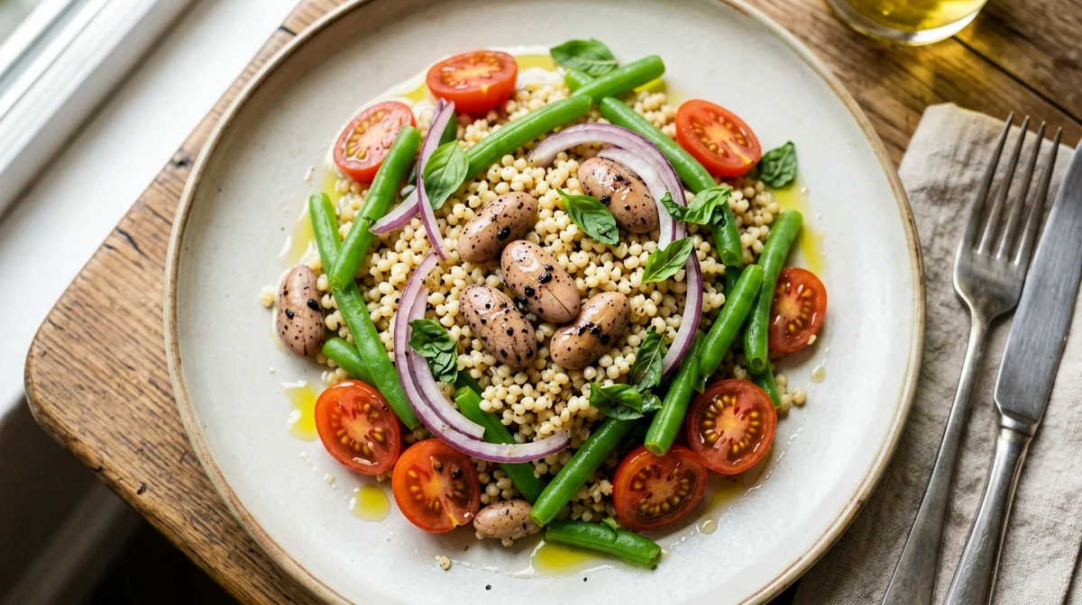 Borlotti, farro and green bean salad
