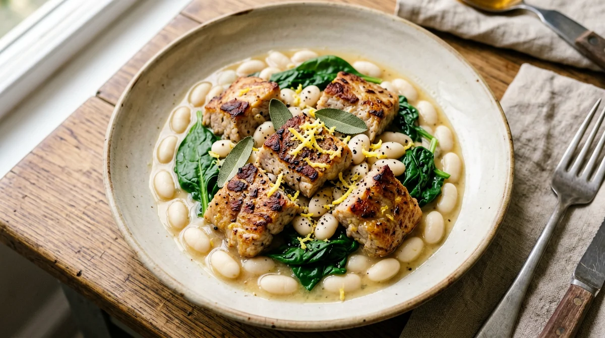 Sage and lemon seitan with cannellini