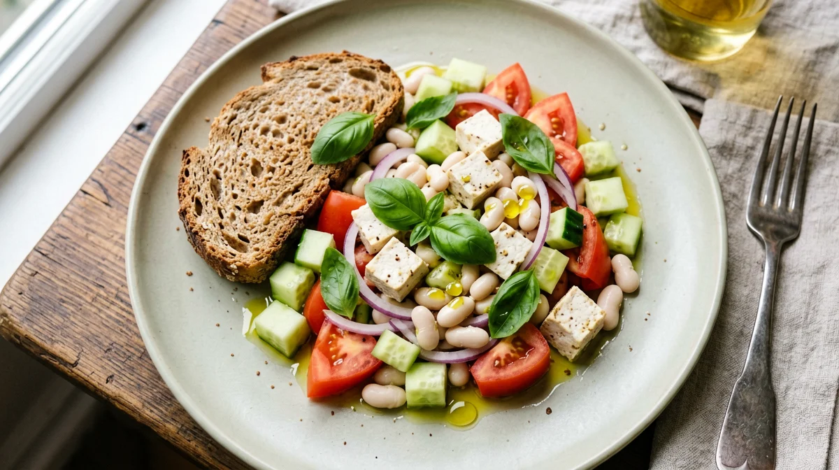 Panzanella con cannellini e tofu marinato
