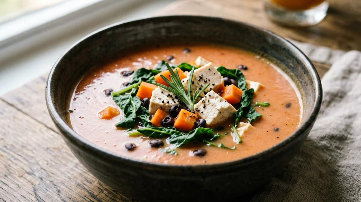 Zuppa di fagioli dall'occhio, cavolo nero e tofu