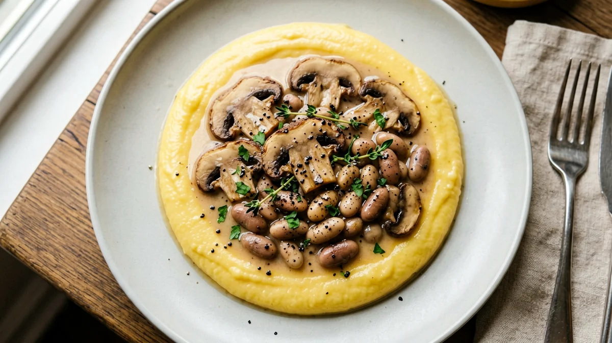 Polenta concia vegana con borlotti e funghi