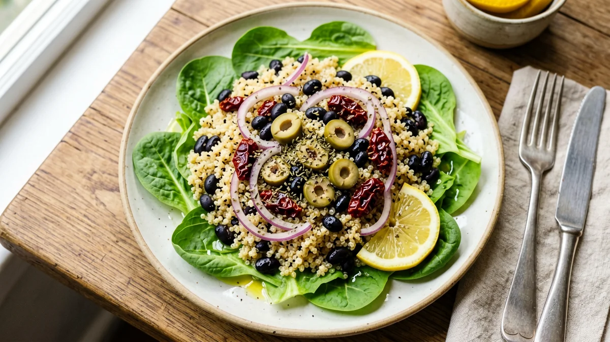 Mediterranean black beans with olives, sun-dried tomatoes and quinoa